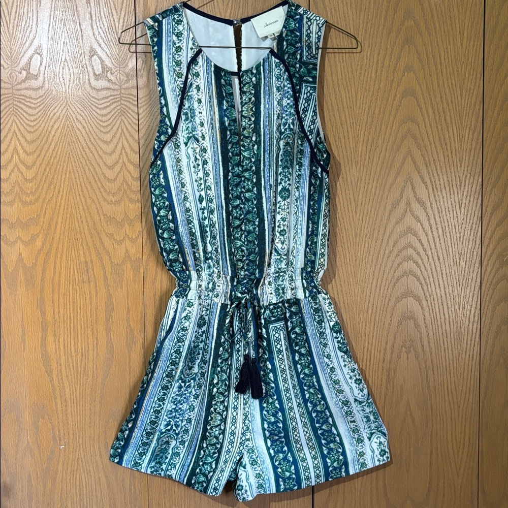 elevenses Anthropologie floral romper boho tassels green and white XS